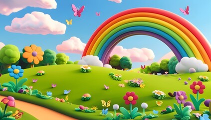 A vibrant, whimsical landscape illustration featuring a bright rainbow arching over a lush, colorful meadow. The scene has a playful, cartoonish style with fluffy white clouds, a clear blue sky, and b