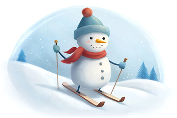 Obraz premium Cute cartoon snowman goes skiing on the white snow.