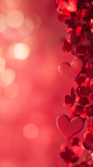 Obraz premium Valentines day, hearts love background for marriage celebration - many beautiful pink and red paper ribbed hearts in origami style fly on border, copy space, top view. 