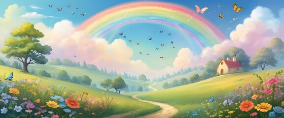 Fototapeta premium A vibrant, whimsical landscape illustration featuring a bright rainbow arching over a lush, colorful meadow. The scene has a playful, cartoonish style with fluffy white clouds, a clear blue sky, and b