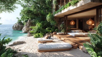 Serene beachside retreat with lush greenery and modern design.
