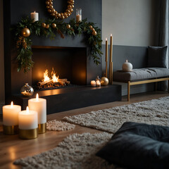 Modern Fireplace With Minimal Christmas Decor, Classic Fireplace Interior Design Tree, Holiday Xmas Decorations