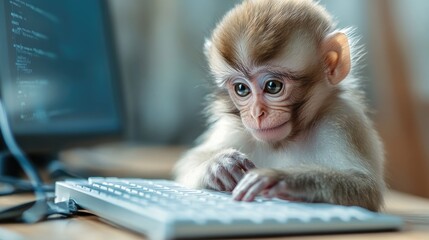 A curious baby monkey sits at a computer, looking intently at the keyboard.