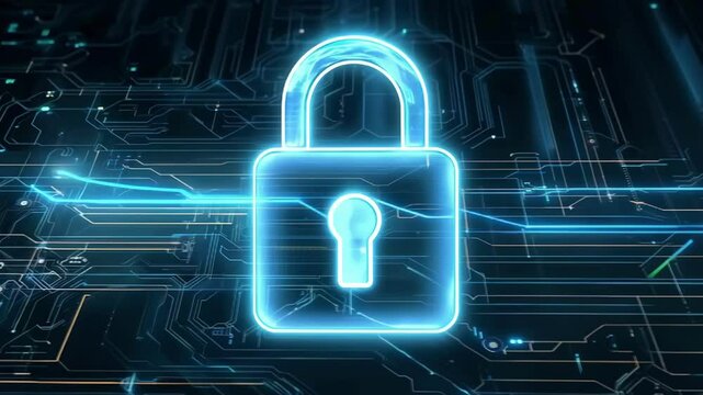 A lock icon glowing blue neon on a digital circuit board background. Cyber security and data protection concepts