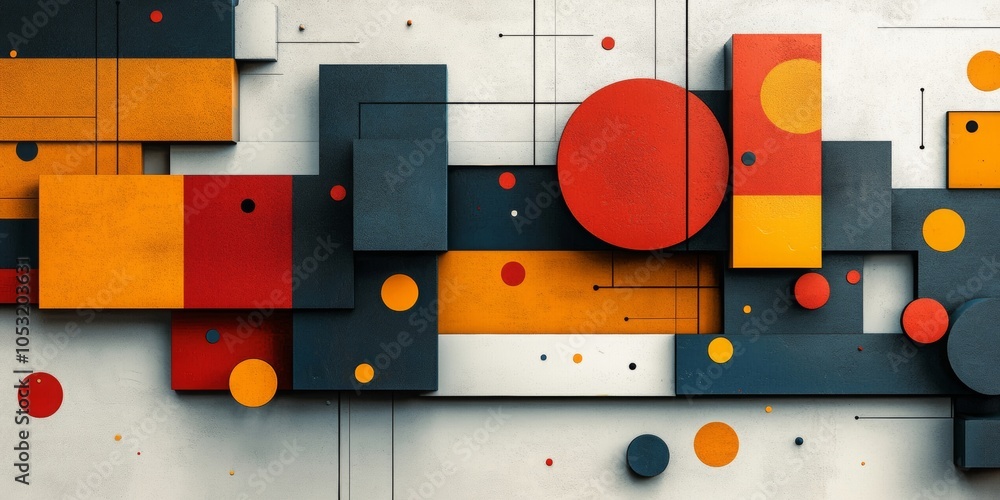 Poster vibrant abstract geometry, a minimalist composition featuring bold squares and circles in a dynamic 