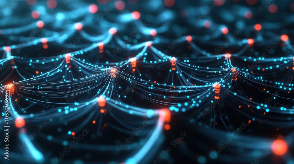 Poster a digital representation of a neural network, with layers of nodes and connections,