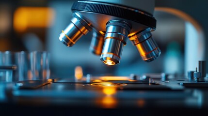 Close-Up of Microscope Lens with Illuminated Sample in Laboratory Setting for Scientific Research and Analysis