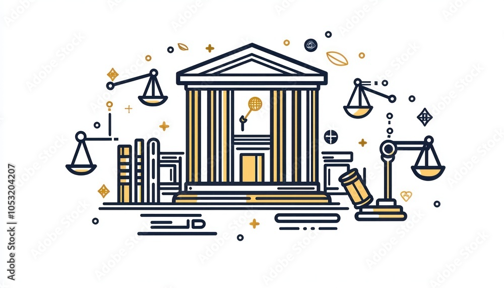 Poster line icon representing the legal system and its functions.