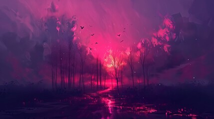 Fototapeta premium Pink & purple sky over a dark forest