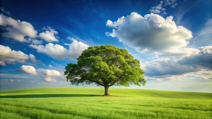 Serene landscape featuring a lone oak tree standing tall in a vast field, serene, landscape, oak tree, field, peaceful