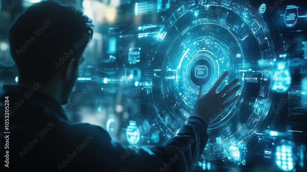 Aufkleber a futuristic ai assistant hologram helping a person navigate through complex data