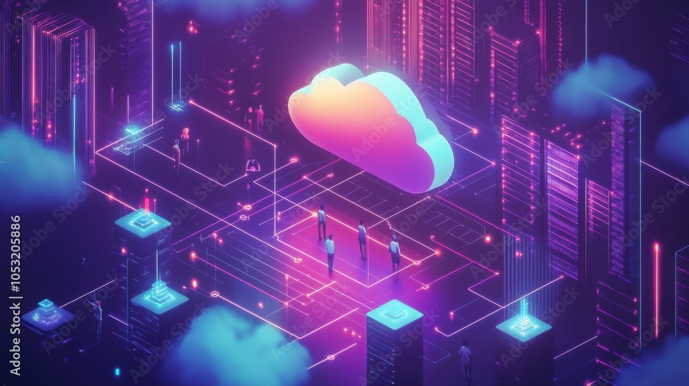 Poster a futuristic concept where people connect through iot devices to a cloud server via a
