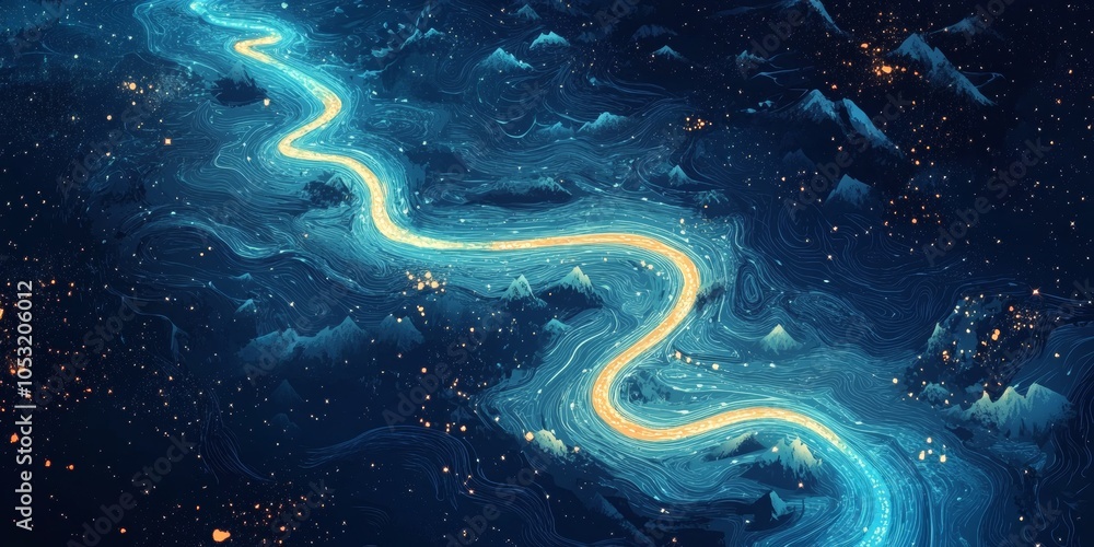 Poster winding road journey, abstract map design highlighting a simple path, inviting exploration and adven
