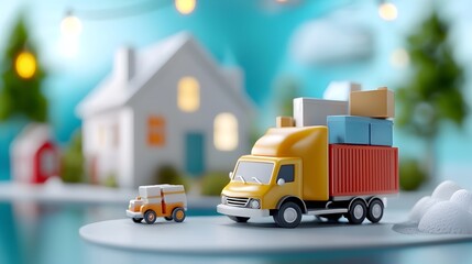 Miniature 3D of an optimized logistics warehouse with efficient transportation flow and distribution processes  The scene depicts a snowy winter landscape with a modern warehouse building trucks