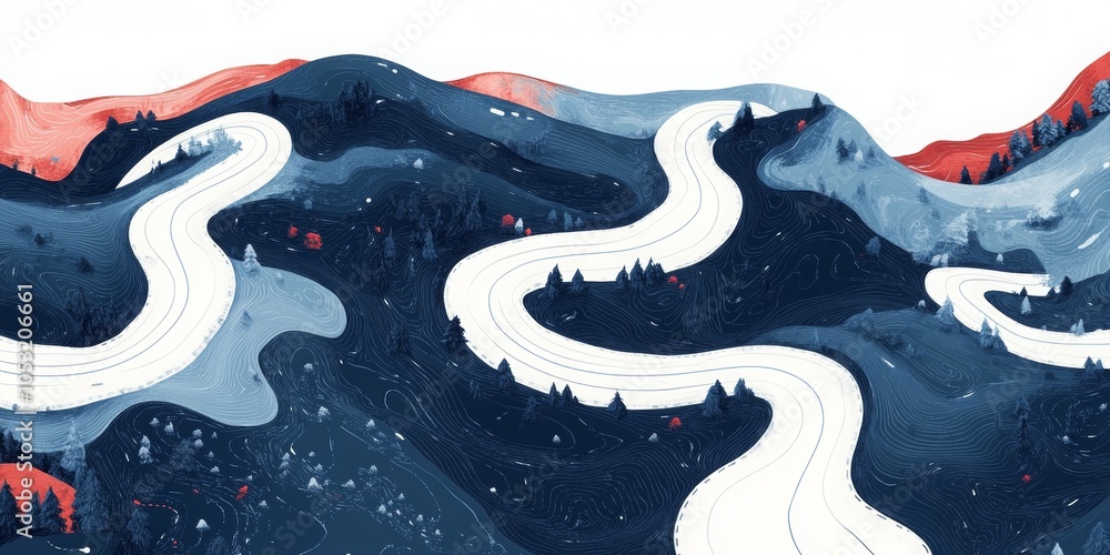 Poster curved pathway in minimalist landscape, an abstract representation of a winding road through a simpl