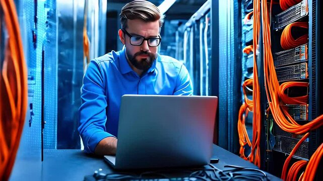 A man in a blue shirt works on a laptop in a server room.
