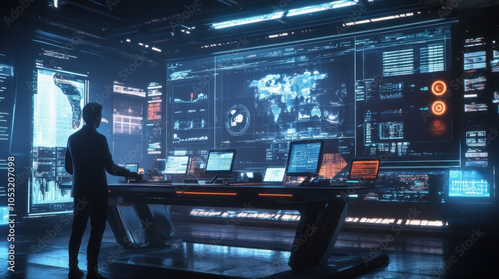 Poster a futuristic scene of people interacting with iot devices, with a secure network and cloud