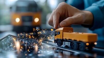 Futuristic logistics control room showcasing optimized transportation networks and data visualization on digital screens  Advanced logistics management system with data analysis automation