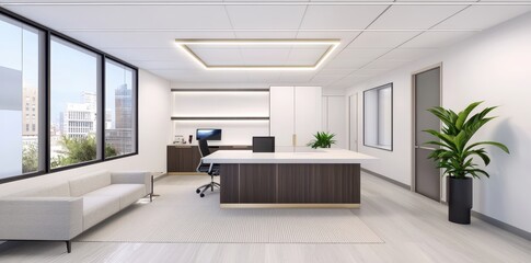 Fototapeta premium Modern Sleek Office Interior with Minimalist Design and Contemporary Furnishings for a Productive Workspace