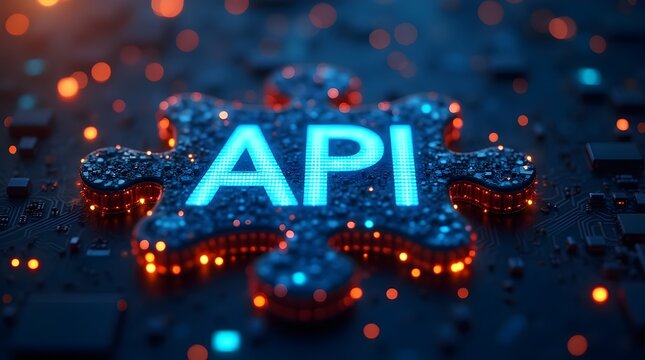 3d Digital representation of API integration concept with two interlocking puzzle pieces against a futuristic tech inspired abstract background, A blue and orange puzzle piece with the letters API