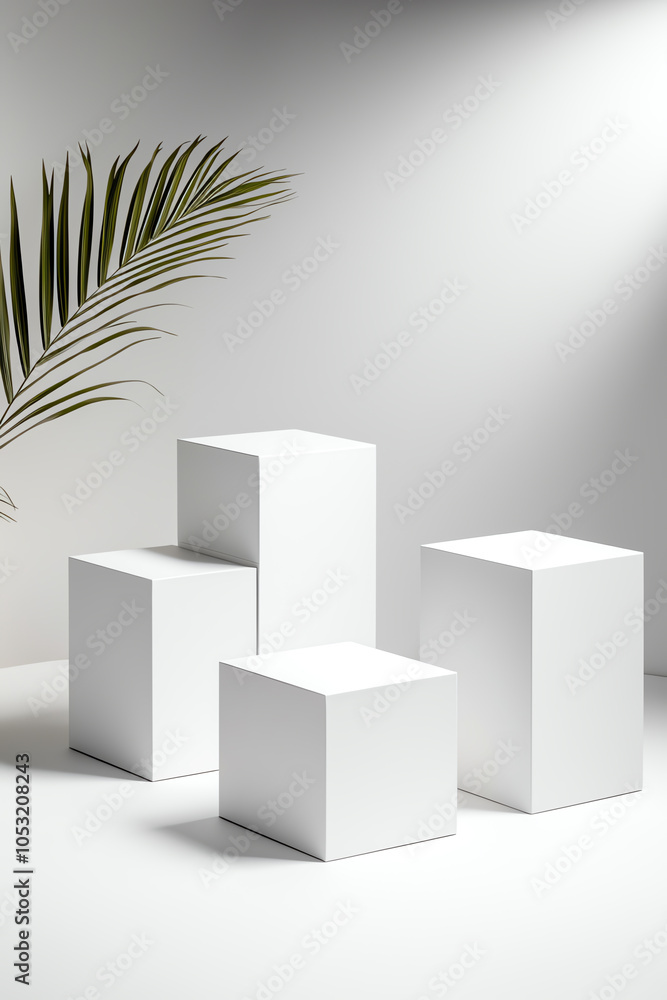 Poster minimalist display of plain white cubeshaped product boxes in contemporary setting