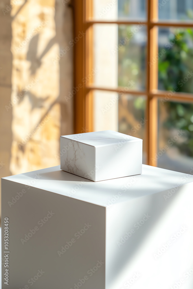 Poster minimalist display of a plain white cubeshaped product box in natural light by a window