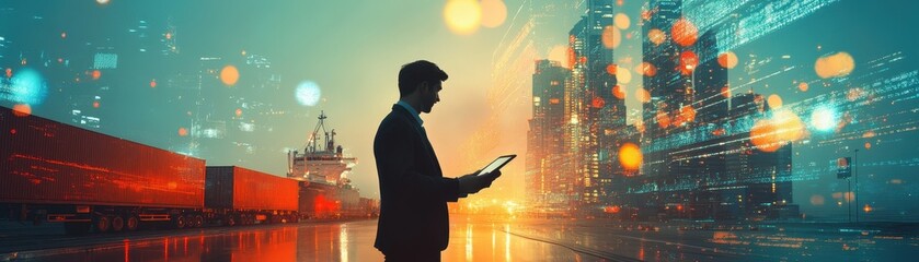 Businessman with Tablet Overlooking Futuristic Cityscape with Digital Overlay and Cargo Ships at Sunset