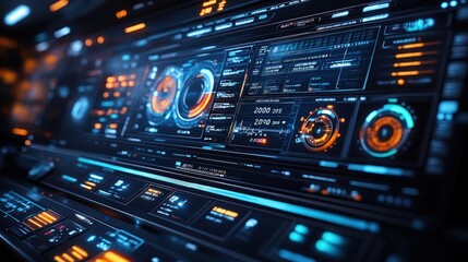 Obraz premium Futuristic control panel with glowing interfaces and data displays.