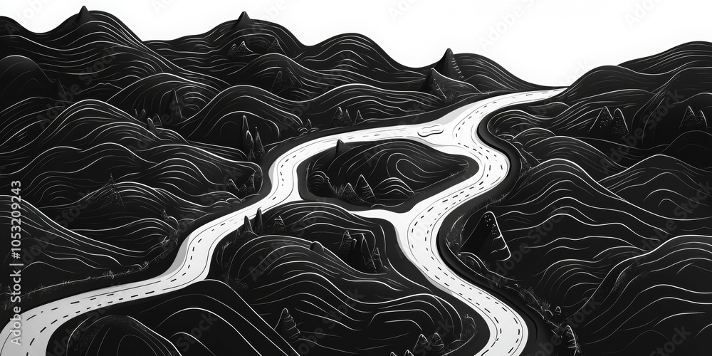 Poster winding path journey, an abstract representation of a road with clean lines illustrating a journey's