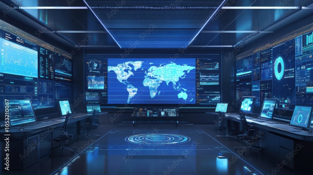 Poster a high-tech command center where business decisions are driven by predictive analytics