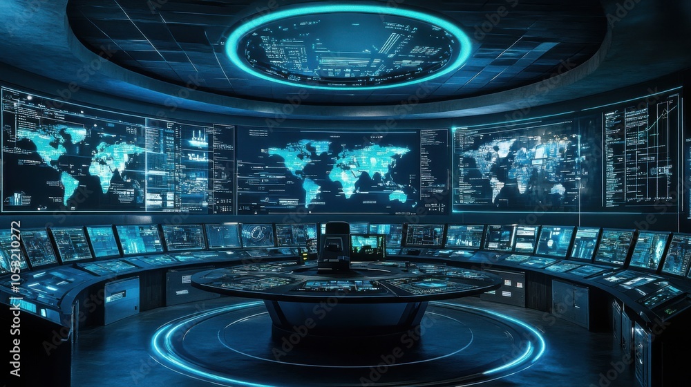 Poster a high-tech command center where business decisions are driven by predictive analytics