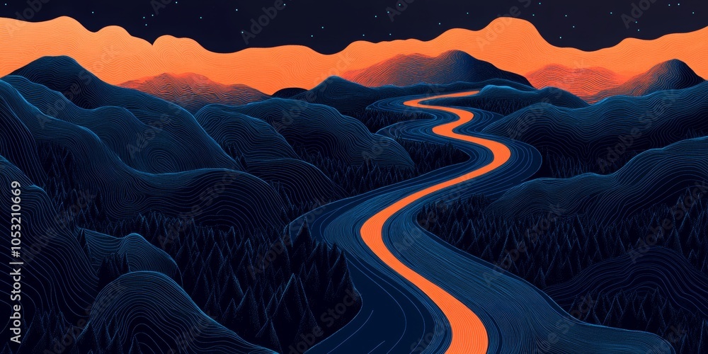Poster winding journey abstract map, minimalistic design featuring clean lines illustrating a winding road 