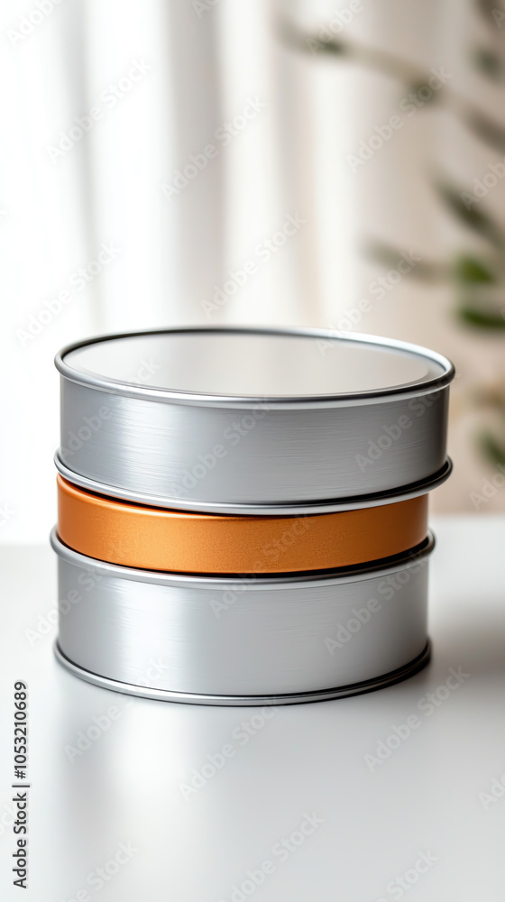 Poster elegant round tin boxes stacked with a stylish lid on a minimalist white background