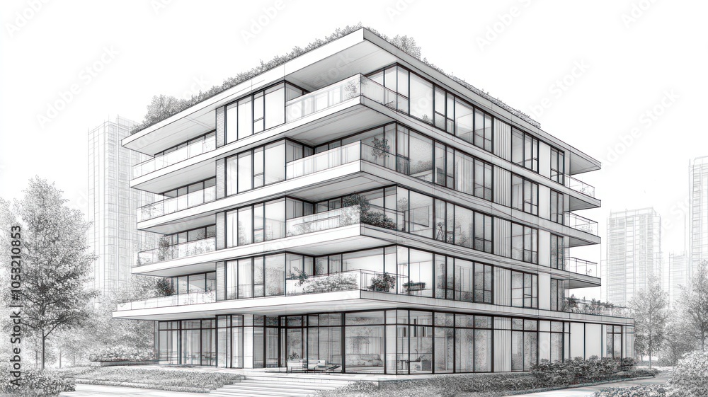 Poster modern architectural design of a multi-story building with balconies.
