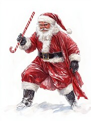 Classic Santa Claus with Candy Cane in Winter Wonderland