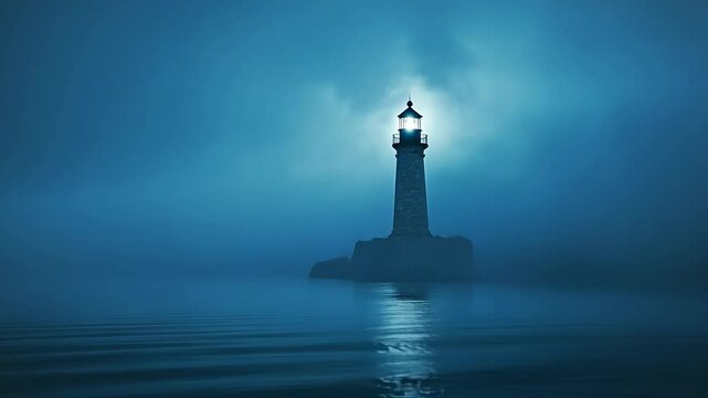 A lone lighthouse stands tall against a backdrop of fog and water, its light shining brightly through the darkness