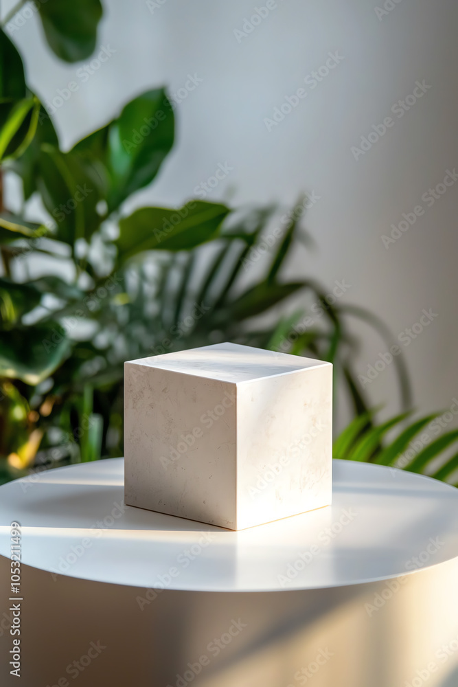 Poster elegant minimalist cube displaying brand logo in lush greenery setting