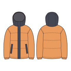 Front and back flat sketches of a short padded jacket with a high collar, horizontal quilting, zipper closure, and elastic cuffs. Features include side pockets and a warm, insulated design ideal for c