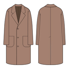 Front and back flat sketches of a single-breasted long coat featuring a notched lapel, button closure, and side pockets. This classic silhouette is designed for formal or casual wear, with a straight 