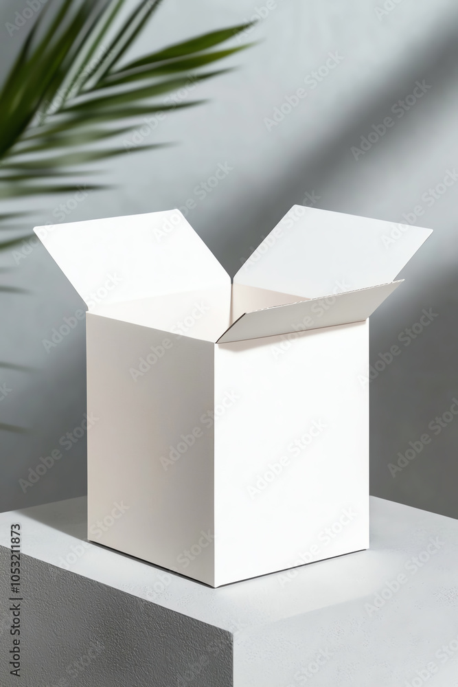 Poster minimalist design of a simple flat box with easy open feature against a soft background