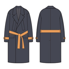 Front and back flat sketches of a belted long coat featuring a notched lapel, button closure, and a waist belt for an adjustable fit. Design includes side pockets and a straight, tailored silhouette i