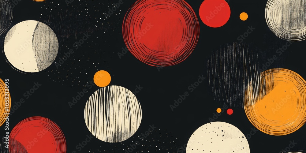 Poster dark circle symphony, intricate hand-drawn circles in deep hues, arranged in a minimalistic pattern,