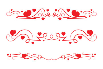 
Filigree curly Calligraphic Heart, Fancy Line Flourishes Swirls hearts, curve romantic love separator, Valentine's Day divider flourish, Calligraphy Flourish lettering header red hearts border