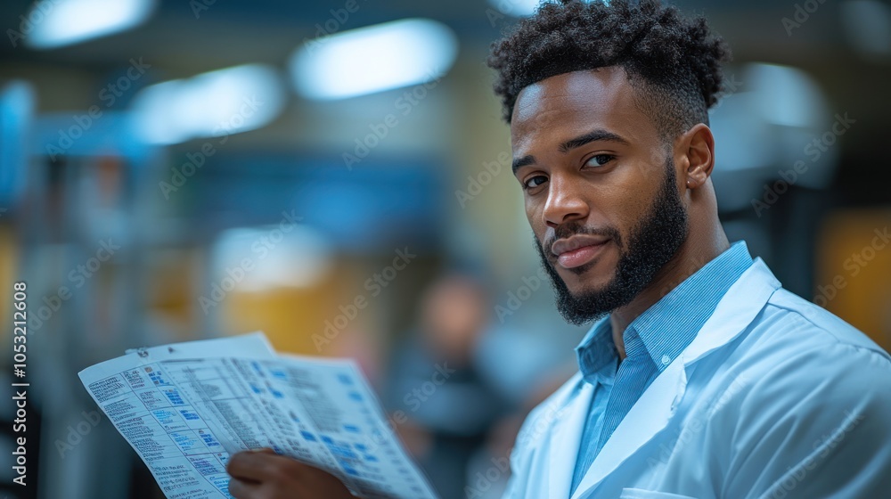 Poster a man in a lab coat reviewing documents in a laboratory setting.