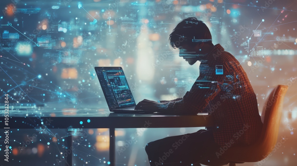 Poster the digital frontier: a silhouette of a programmer diligently working on a laptop, surrounded by a m