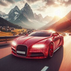 Naklejka premium A red car drives along a scenic highway surrounded by majestic mountains. Generated by AI.