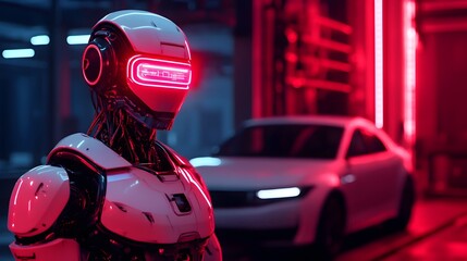 Fototapeta premium full body humanoid robot using advanced holographic tools to repair a self driving car with glowing wires and sparks in a dark industrial garage setting accented by neon lights showcasing a high tech