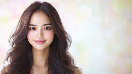 Obraz premium Beautiful portrait of a young woman with long hair, smiling softly against a blurred, pastel background. Ideal for beauty and lifestyle themes.