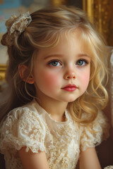 Fototapeta premium A young girl with blonde hair and blue eyes, wearing a white lace dress, looking to the side
