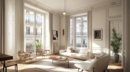 Fototapeta premium A Parisian apartment interior with Scandinavian design, emphasizing a modern